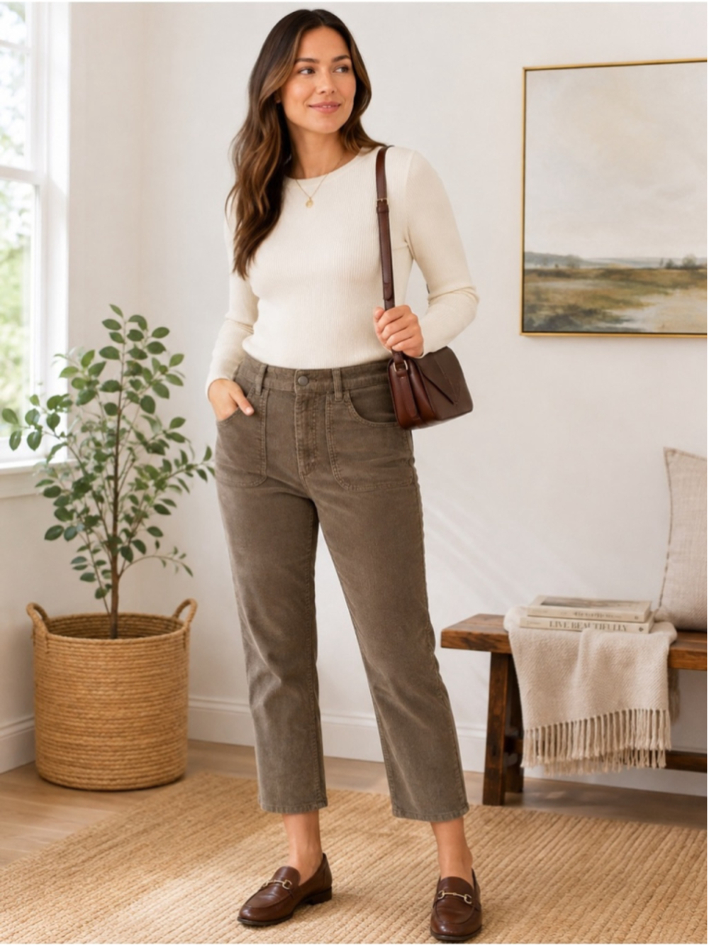 Quince Olive-Brown Cropped Ankle Pants Size 10 Organic Cotton Neutral Fall